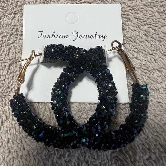 NWOT Black Sparkly Hoop Earrings - Picture 2 of 3